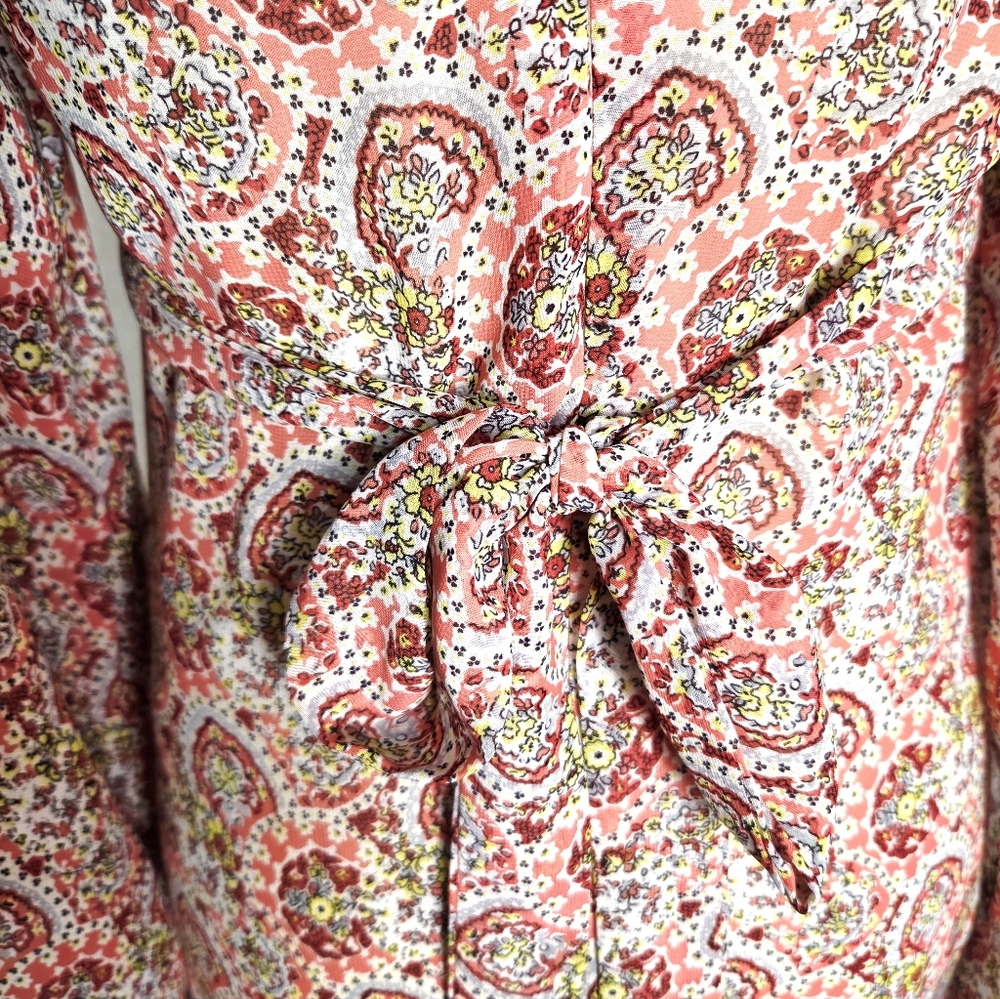 Betsey Johnson Pink & Red Paisley Dress, Long Bell Sleeves, Ruffled Hem, Sz 6 - Picture 10 of 14